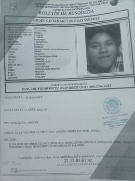 JCarlos_Valerio's tweet image. #ServicioSocial 🚨 ll Se pide su apoyo para localizar a Sindey Getsemani Castillo Sánchez, de 15 años de edad. Fue vista por última vez en la colonia Unidad San Ángel, #Puebla. Si cuenta con alguna información, puede comunicarse al 22 12 83 81 42.