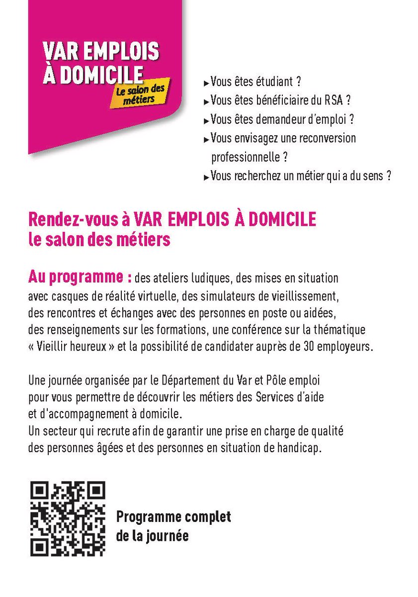 📣<a href="/Departement_Var/">Departement du Var 83</a> et @poleemploi_VAR ouvrent le bal du #Mois de la #SilverEconomy avec
le #Salon Var Emplois à Domicile.
Venez
👉 Découvrir les métiers des Services d'Aide &amp; d'Accompagnement à Domicile
👉 Vous informer sur les formations
👉 Rencontrer des recruteurs &amp; candidater