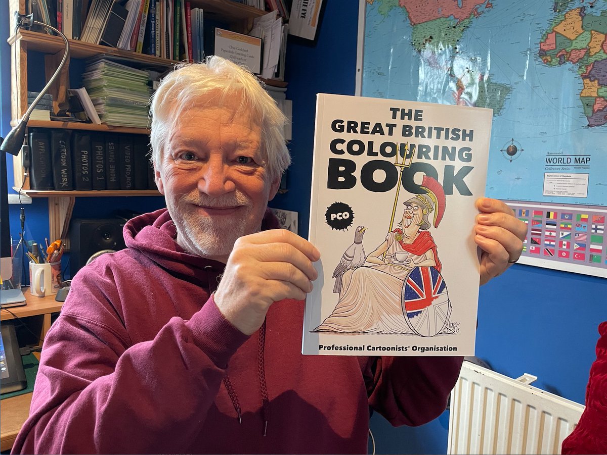 Modelled by @GoddardBooks HERE IT IS! PCO 1st edition of The Great British Colouring Book by all the best UK cartoonist! The giveaway version going out to refugee kids.There will be a selling charity version for sale at Christmas. Absolute proof that good can come from bad #GBCB