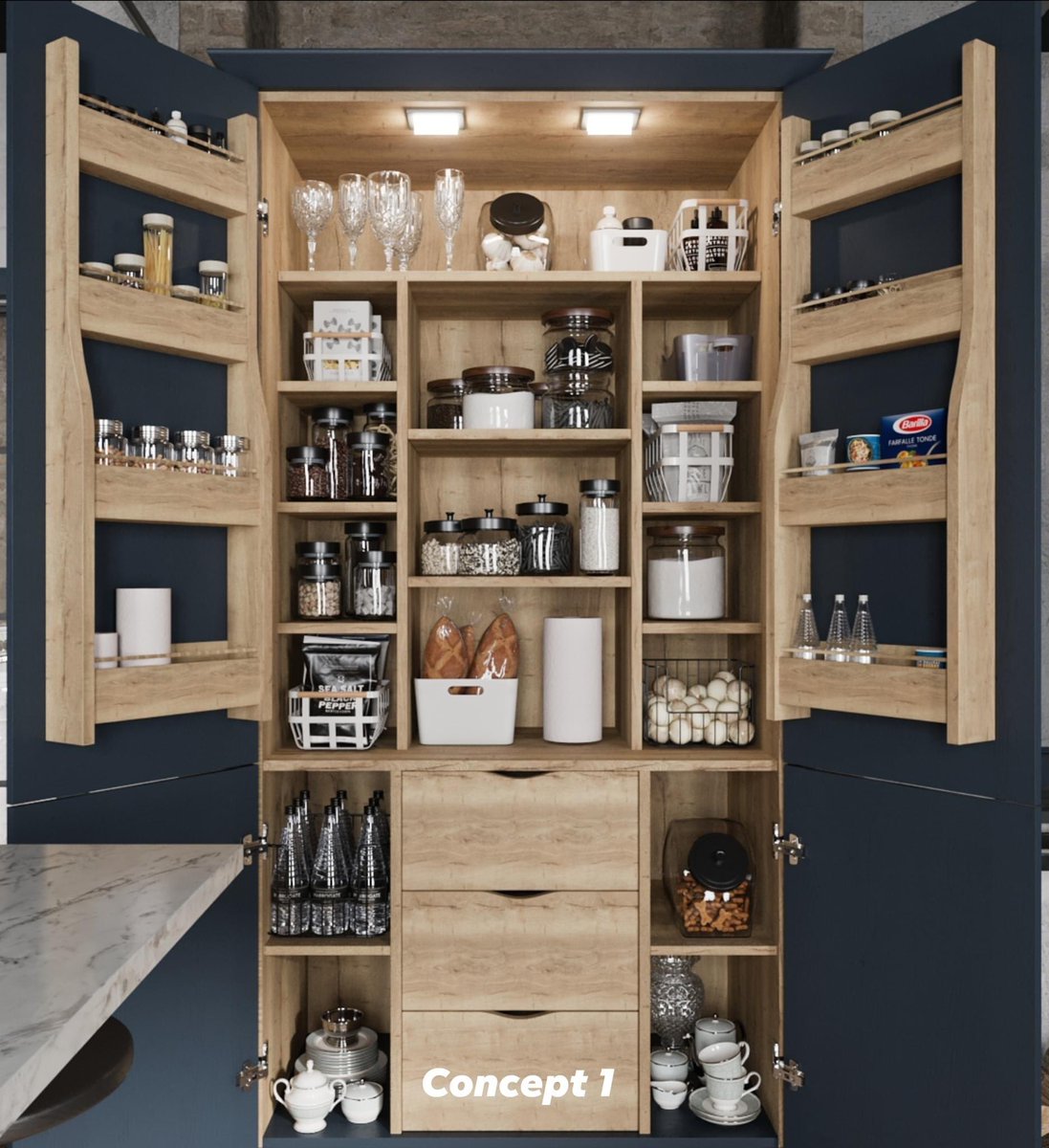 gabi_sperry's tweet image. If you only had 1 Pantry Cabinet in your Kitchen would you rather have it 1) compartmentalized with less drawers or 2) have more flexibility with wider shelves and more drawers? I am working on a Custom Cabinet Design and my client cannot decide #Decisions #Concepts #DesignPhase