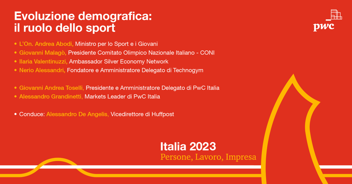 #Italia2023: ci vediamo il 13 novembre con <a href="/GA_Toselli/">Giovanni Andrea Toselli</a>, <a href="/Ale_Grandinetti/">Alessandro Grandinetti</a>, il Ministro  <a href="/andreaabodi/">Andrea Abodi</a>, <a href="/giomalago/">Giovanni Malagò</a>, Ilaria Valentinuzzi, <a href="/NerioAlessandri/">Nerio Alessandri</a> e <a href="/DeAngelis_tw/">Alessandro DeAngelis</a>.
_
#PwCItaly #TheNewEquation