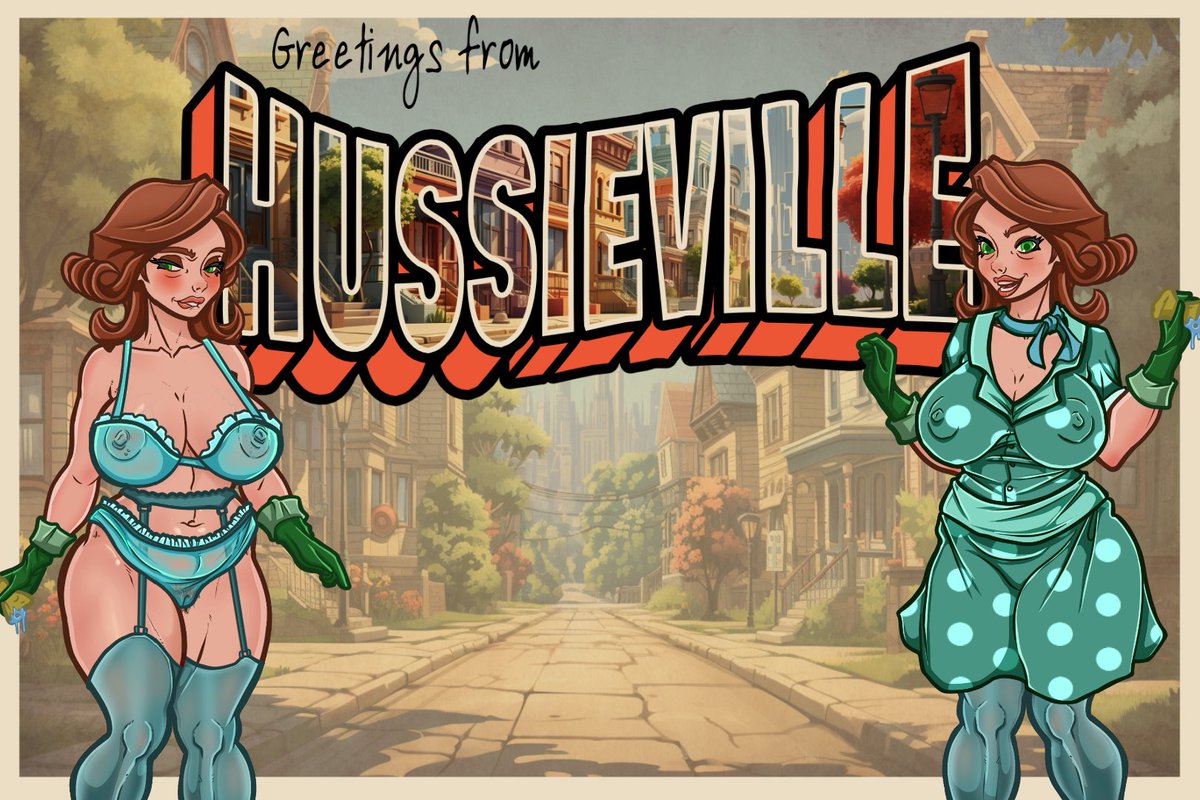 Redrawing some characters to fit the 1950ish style.  "Greetings from Hussieville".  #smutnetwork #nsfw #avn #milf #gamedev