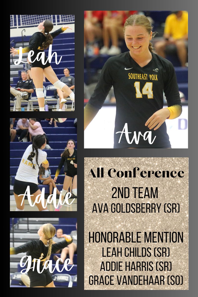 Congrats to our All Conference honorees! In a competitive conference, we are proud of you! 

Ava Goldsberry- senior- 2nd team (3 year honoree) 
Leah Childs- senior- honorable mention
Addie Harris- senior- honorable mention
Grade Vandehaar- senior- honorable mention