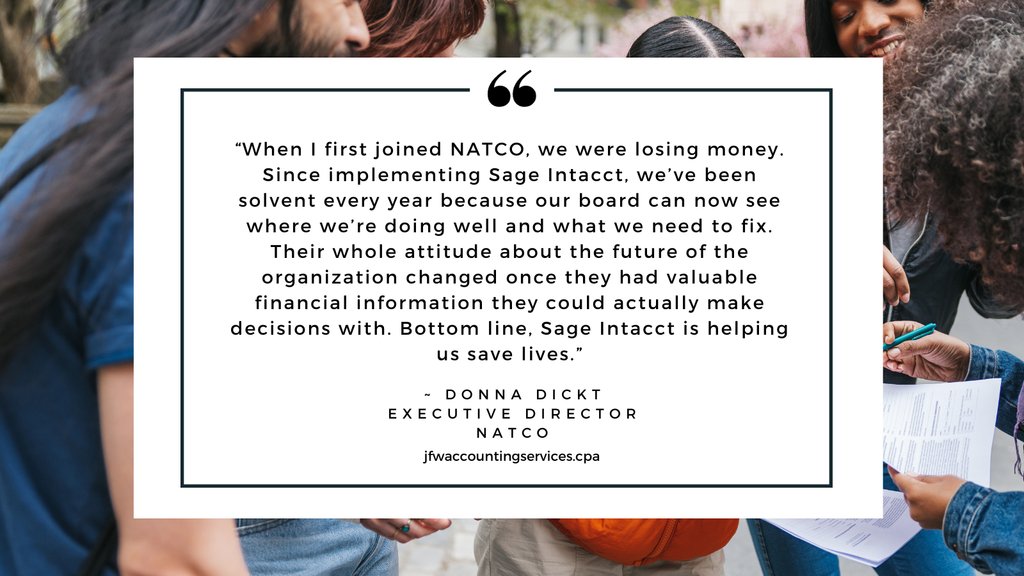 Witness the transformative power of Sage Intacct. NATCO shifted from financial uncertainty to confident decision-making.

Contact JFW Accounting Services to explore how Sage Intacct can transform your financial management and drive positive change in your industry.