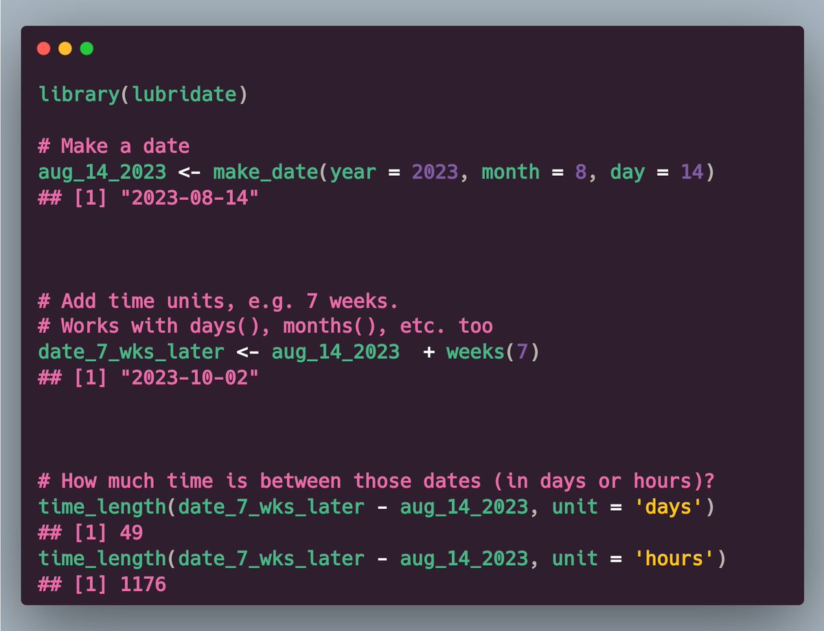 Doing calculations with time data is hard.

But it's considerably easier with {lubridate}. You can use its convenience functions to

✅ make dates
✅ add subtract arbitrary time spans
✅ find time lengths between two time points