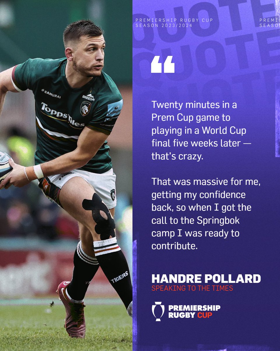 premrugby's tweet image. Ready for the call 🫡

Handre Pollard’s Premiership Cup cameo for @LeicesterTigers prepared him for #RWC2023 glory 🏆

#GallagherPrem