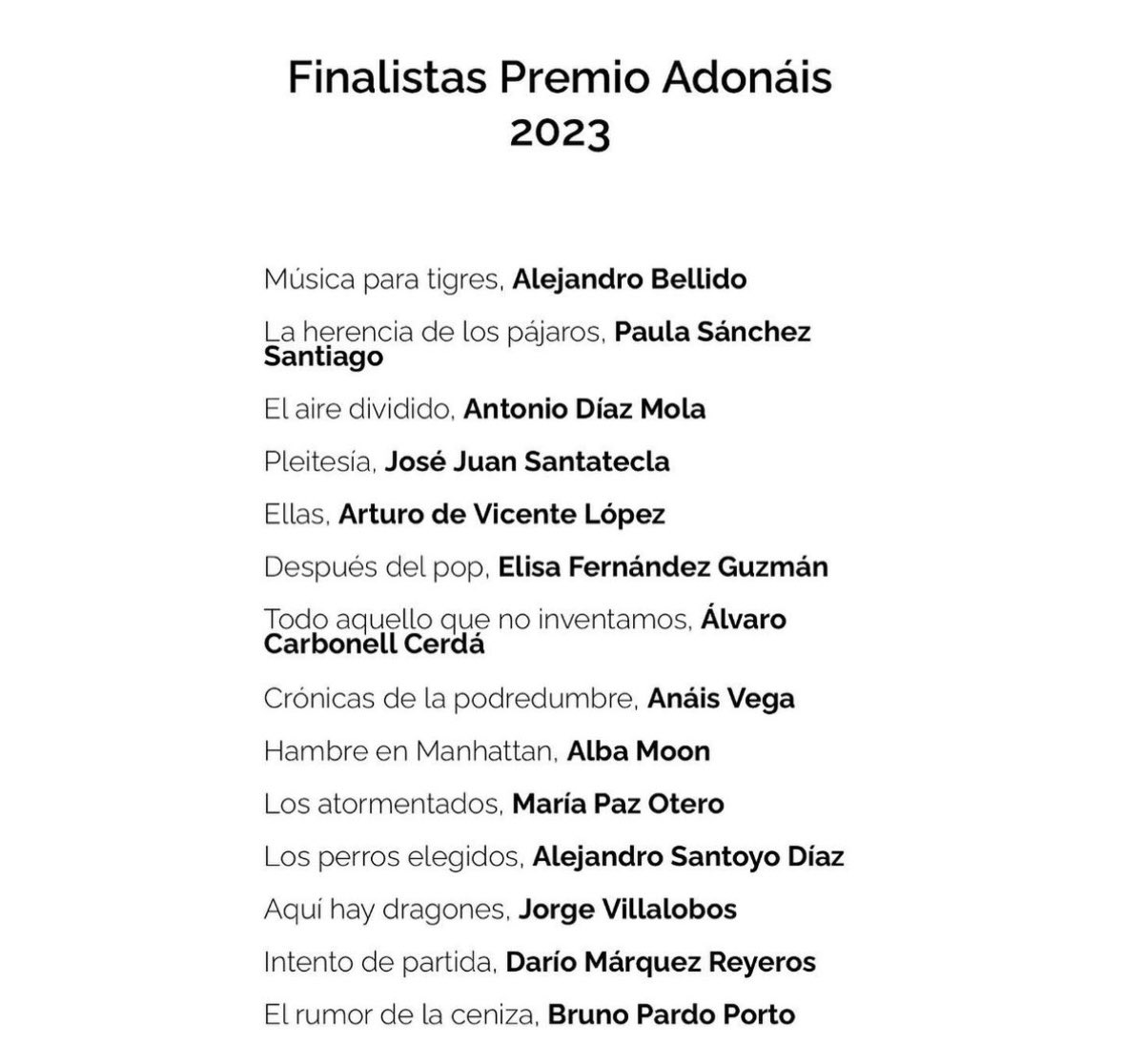 Leo la lista de finalistas y veo tantas caras conocidas que solo puedo dar las GRACIAS.

Gracias al <a href="/PremioAdonais/">Premio Adonáis de Poesía</a> y a <a href="/EdicionesRialp/">Rialp 📚</a> por la selección.

Pase lo que pase el 15 de diciembre en la <a href="/BNE_biblioteca/">Biblioteca Nacional de España</a>, será un día que no olvidaremos 🫶🏻