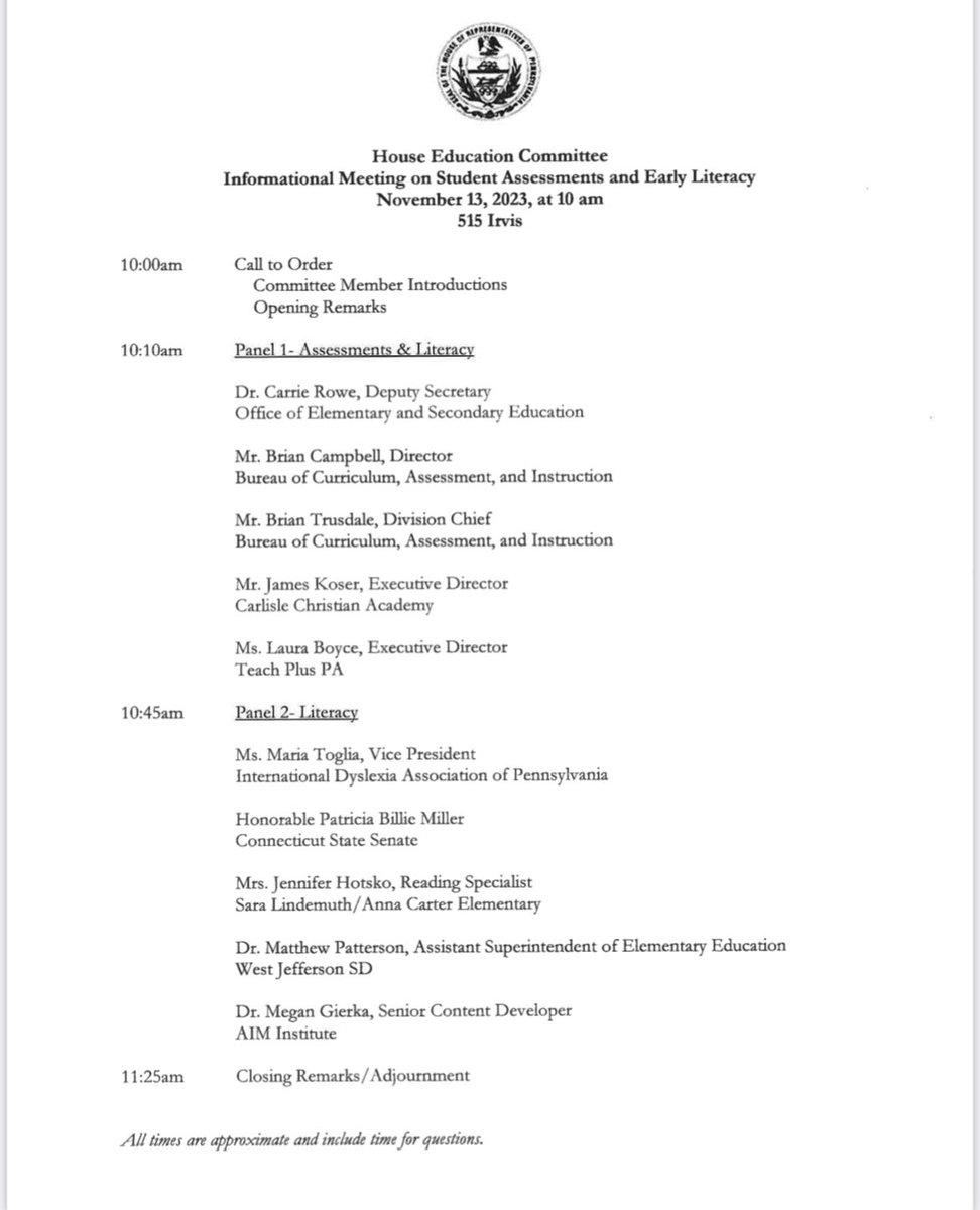 On Monday at 10am in Irvis 515 and live-cast, the House Education committee will host a hearing on early literacy and student assessments.