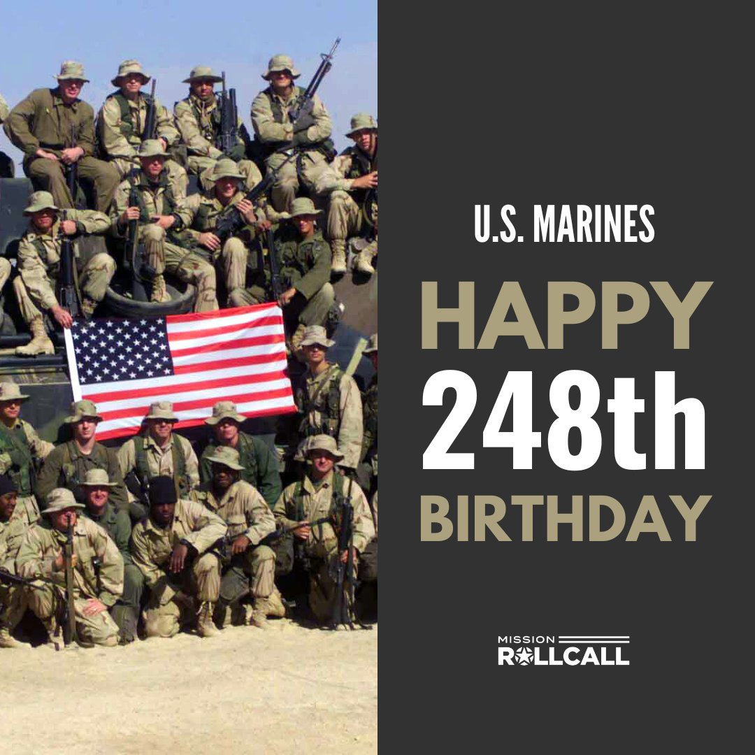 MissionRollCall's tweet image. Happy 248th Birthday Marines!

Join us in paying tribute to the Marines, past and present, for their unwavering honor, sacrifice, and dedication to our great nation! #MarineCorpsBirthday #SemperFi