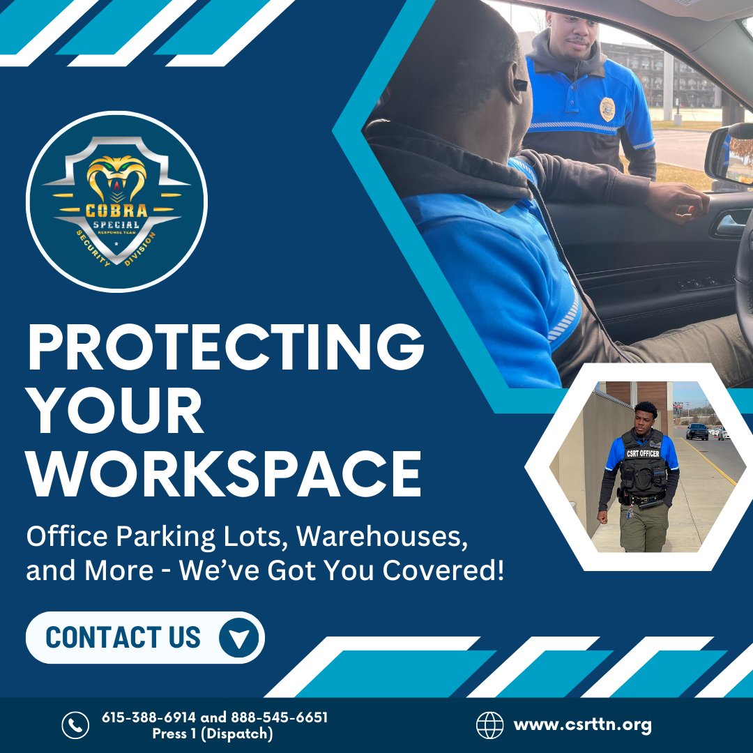 CSRTSECURITY24's tweet image. Are you nervous about your office parking lot&apos;s security? Cobra Special Response Team ensures your workspace is protected – from lots to warehouses. 

#securitypatrol #cobraspecialresponseteam #teamsecurity #security #patrolofficers #rovingpatrol #securityconsulting #emergency