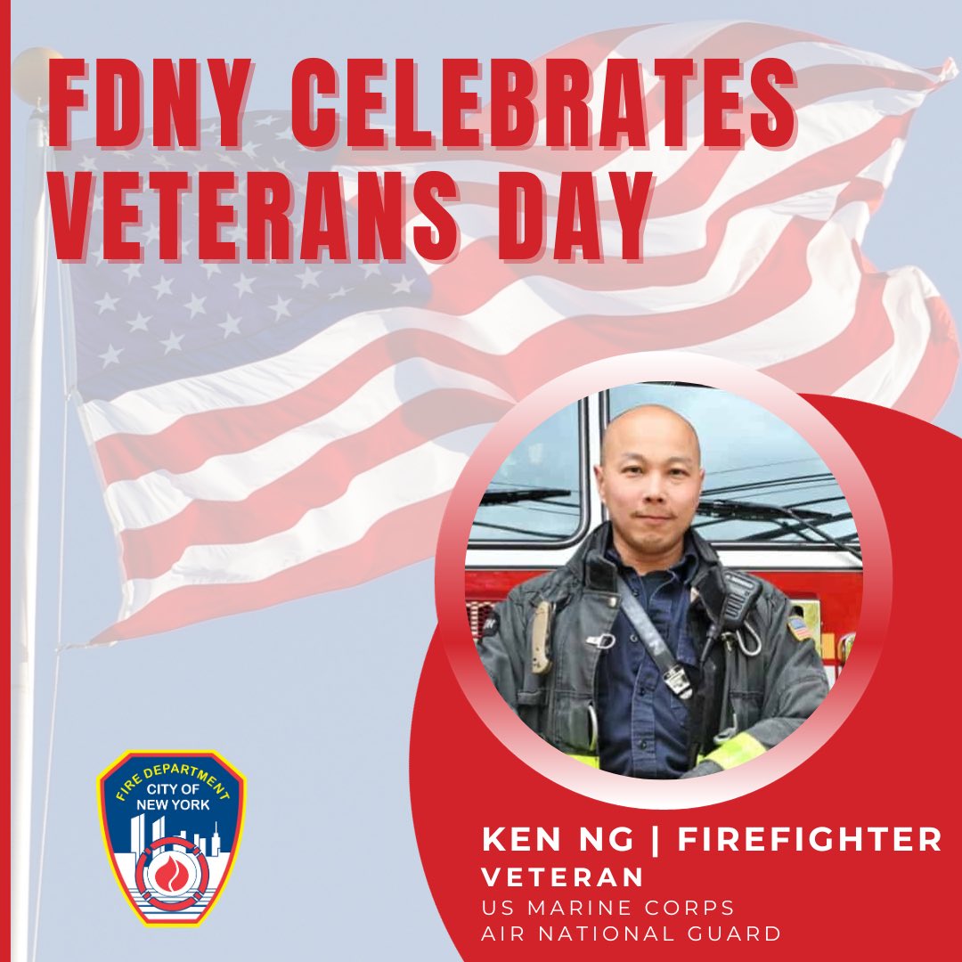 We are proud and honored by the 1450 veterans who have joined the FDNY to continue serving and helping their communities. Among them is Firefighter Ken Ng of Engine 326, a veteran of the Marine Corps and Air National Guard.   #veteran #VeteransDay2023 #veterans