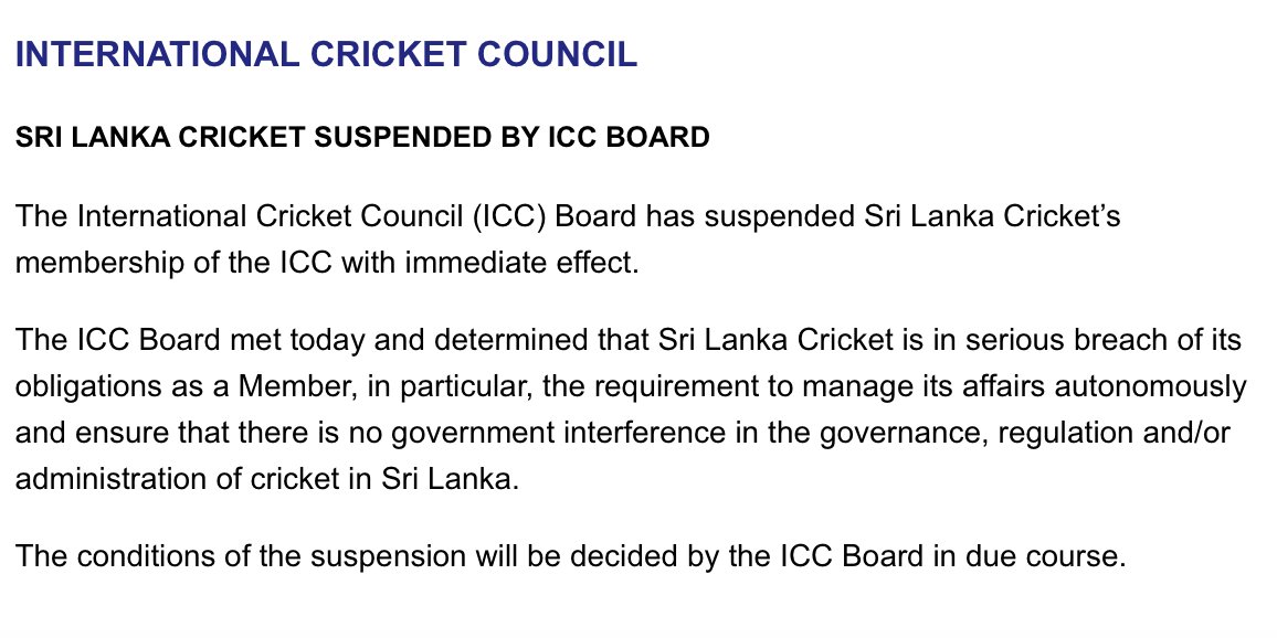 Press release outlining the ICC's suspension of Sri Lanka Cricketer's membership of the ICC with immediate effect.