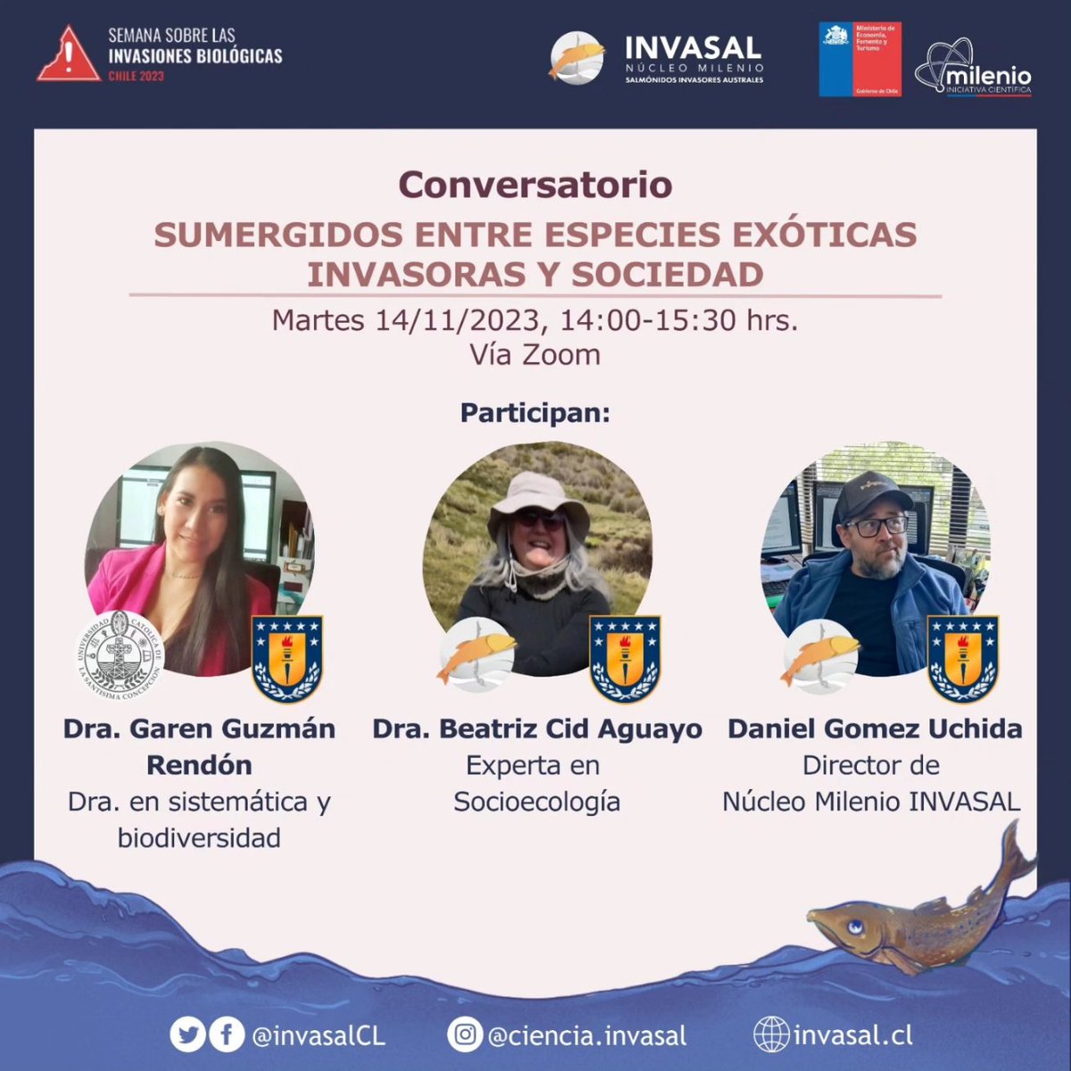 centroiriscl's tweet photo. 💬Martes 14/11, 14:00 -15:30 hrs.
Conversatorio: Sumergidos entre especies exóticas invasoras y sociedad
🔗 Vía Zoom: https://t.co/UU3tCC4JNx
Con los  Dres. @GomezUchida @Bea_CidAguayo y @GarenGuzman.
¡No te lo pierdas! https://t.co/OAYMwafYM8