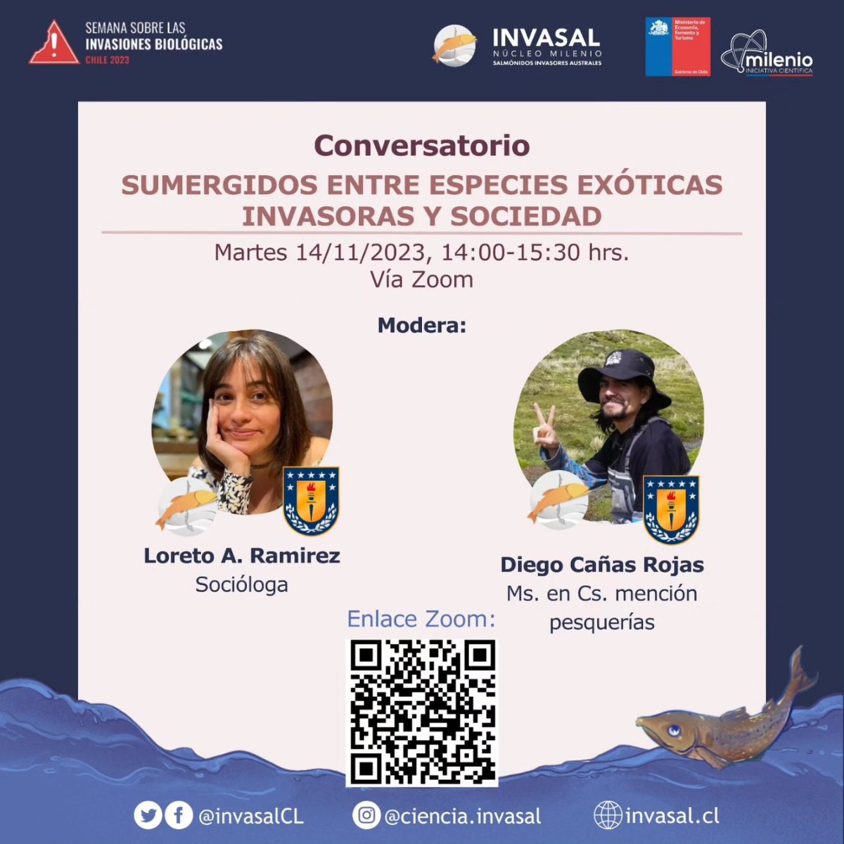 centroiriscl's tweet photo. 💬Martes 14/11, 14:00 -15:30 hrs.
Conversatorio: Sumergidos entre especies exóticas invasoras y sociedad
🔗 Vía Zoom: https://t.co/UU3tCC4JNx
Con los  Dres. @GomezUchida @Bea_CidAguayo y @GarenGuzman.
¡No te lo pierdas! https://t.co/OAYMwafYM8
