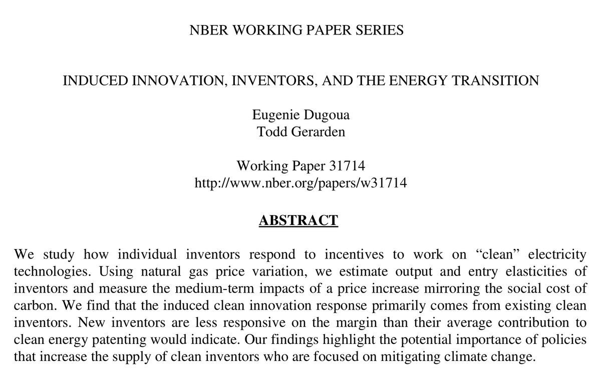 A couple of weeks ago, @ToddGerarden and I released a new working paper on inventors and the energy transition. Read it here (nber.org/papers/w31714), or check out this short thread #EconTwitter #EnvironmentalEconomics #InnovationEconomics