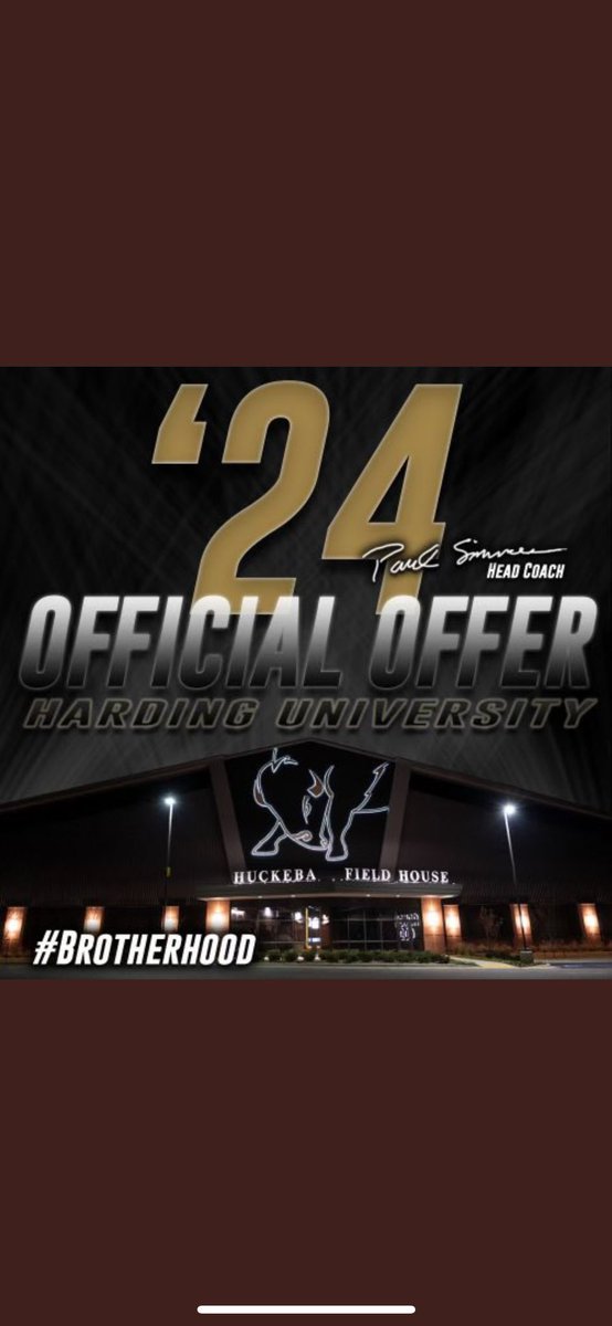 After a great phone call with <a href="/CoachBigHU/">Trevon Biglow</a> I am blessed to receive an offer from <a href="/Harding_FB/">Harding Football</a>. 

#BrotherHood #RFTD 
<a href="/KyleWesterberg/">Coach K Westerberg</a> <a href="/Tuck11Carter/">Tucker Carter</a>