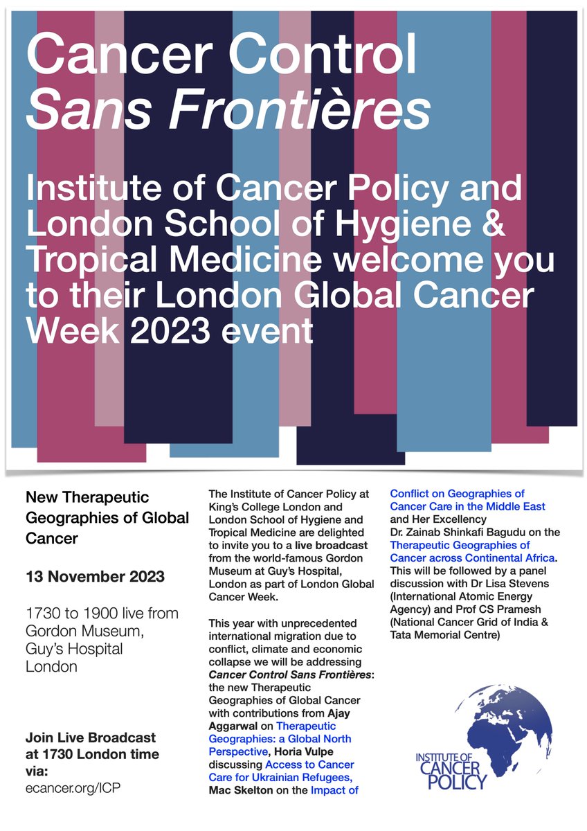 ecancer will be livestreaming The Institute for Cancer Policy's session at London Global Cancer Week, 17:00 GMT 13th Nov. If you can't make it in person watch it here: ecancer.org/ICP #LGCW2023 
<a href="/KingsCollegeLon/">King's College London</a> <a href="/AggarwalOnc/">Ajay Aggarwal</a> <a href="/HoriaVulpe/">Horia Vulpe</a> <a href="/mac_skelton/">J. Mac Skelton</a> <a href="/SullivanProf/">Richard Sullivan</a> <a href="/DrZSB/">Zainab Shinkafi-Bagudu</a>