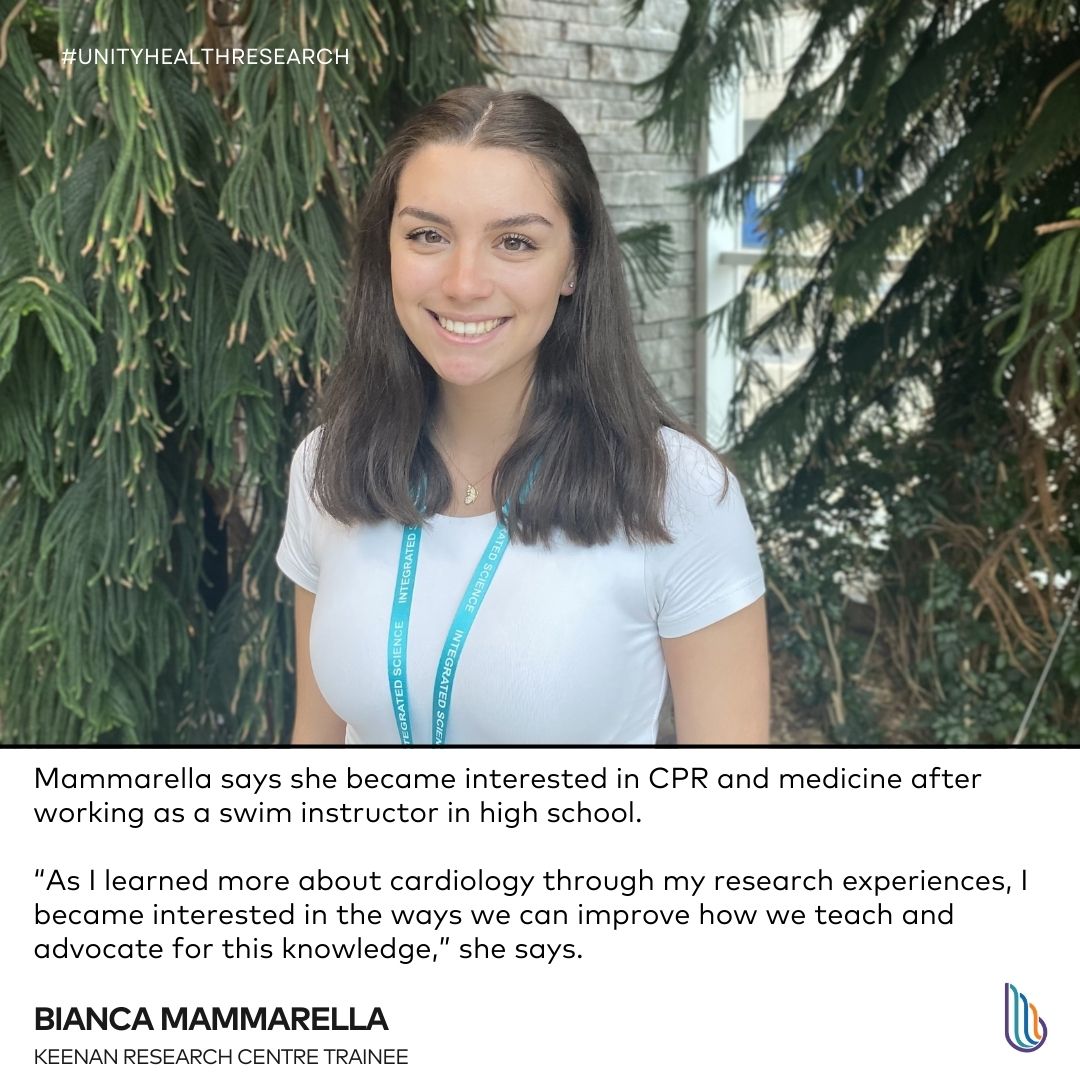 UnityHealthTO's tweet photo. Trainees in the Keenan Research Centre encourage everyone to get CPR-certified. Bianca Mammarella &amp; Mika'il Visanji believe bystander CPR skills can be a life-saving factor when health crises arise outside of a hospital. Scroll through to read about the duo's work &amp; advocacy. https://t.co/AUvNBSAsvI