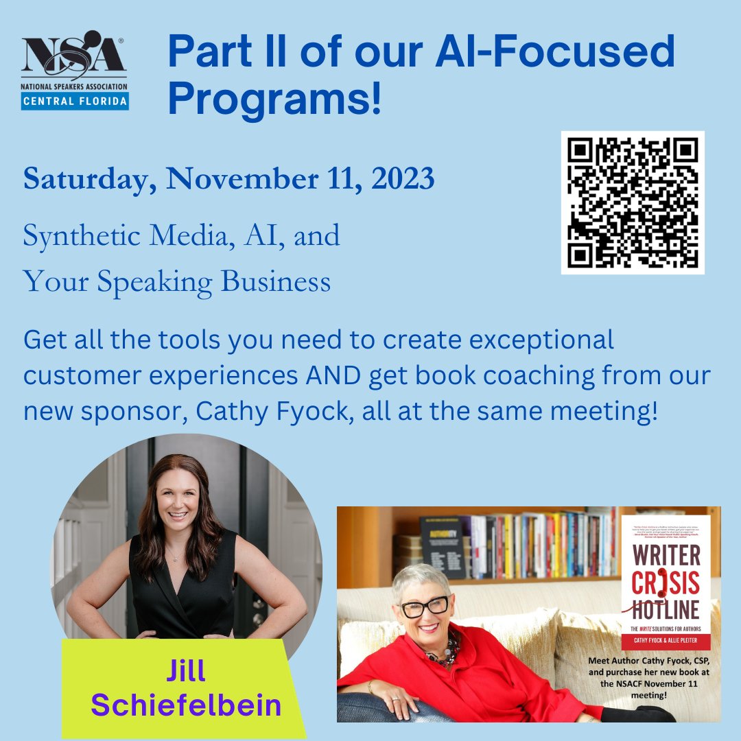 Last chance to sign up for our NSACF Chapter meeting, tomorrow, November 11th (online or in person at St. Leo University). You'll get Part II of our AI series, book writing tips from AND more! Scan to register today!