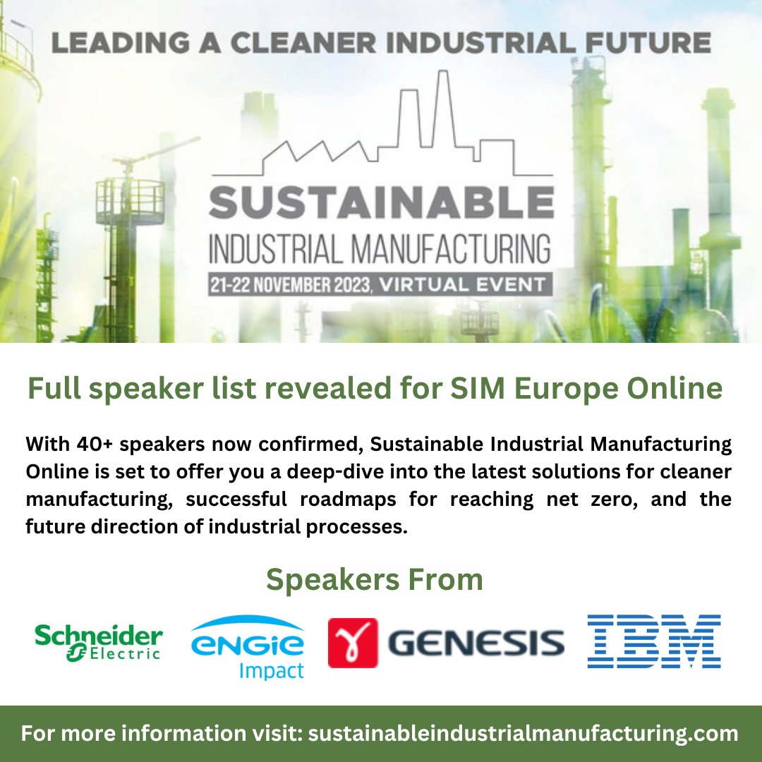 SIM_Event's tweet image. With 40+ speakers confirmed, join us for a comprehensive update on the solutions available for sustainable manufacturing, and the future direction of industrial processes.

Find a list of our speakers here: sustainableindustrialmanufacturing.com

Register for FREE here &amp;gt; bit.ly/3DiIMWV