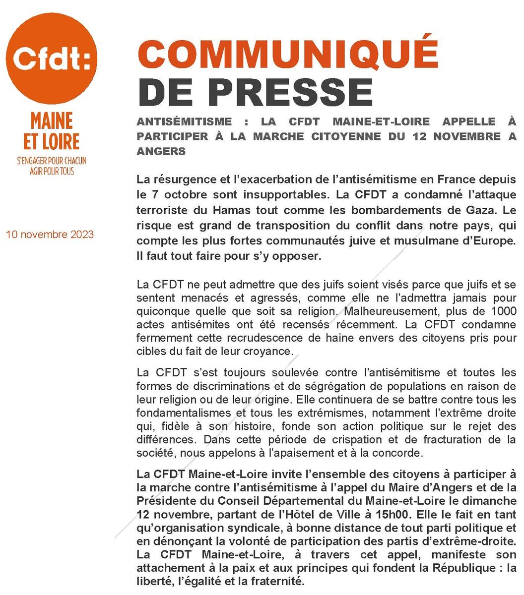 📢 Antisémitisme : La CFDT Maine-et-Loire appelle à participer à la marche citoyenne du 12 novembre à Angers