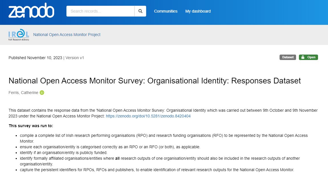 The response dataset from the National Open Access Monitor Survey on Organisational Identity has just been published as open data on <a href="/ZENODO_ORG/">Zenodo</a>!

Thank you to everyone that contributed! It's a whopper dataset of 126 responses 👏👏👏

zenodo.org/doi/10.5281/ze…