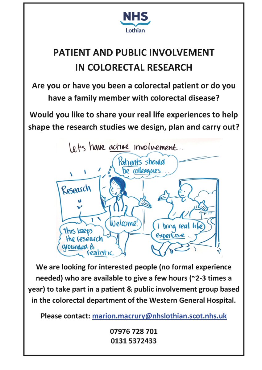 The Colorectal department at the Western General Hospital is looking to set up a Patient and Public Involvement group. 

#BowelResearch #PPI #Colorectal #ColorectalPatient #ColorectalResearch