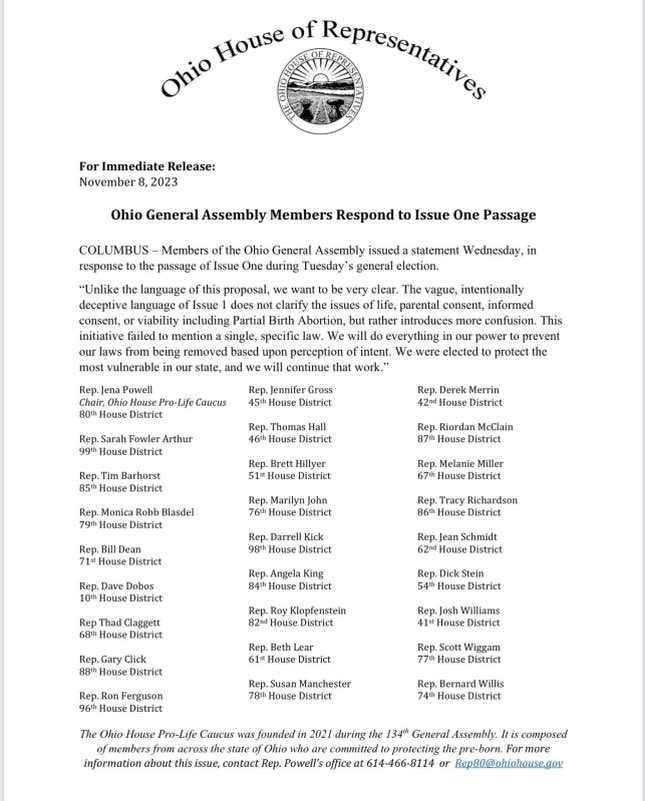 Never Be Surprised. Instead, go on offense! A 🧵 Did you see the latest outrage out of Ohio Republicans? After this week’s shellacking at the ballot box over reproductive freedom, several dozen signed the statement below, essentially pledging to 1) defy the new law… 1/