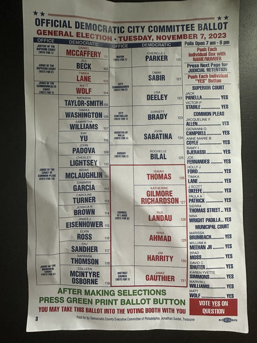 This was the DCC ballot handed out by harrity volunteers in 46th.

Every single judge recommended for retention. All the bad judges, all the republican judges, supported by the DCC.