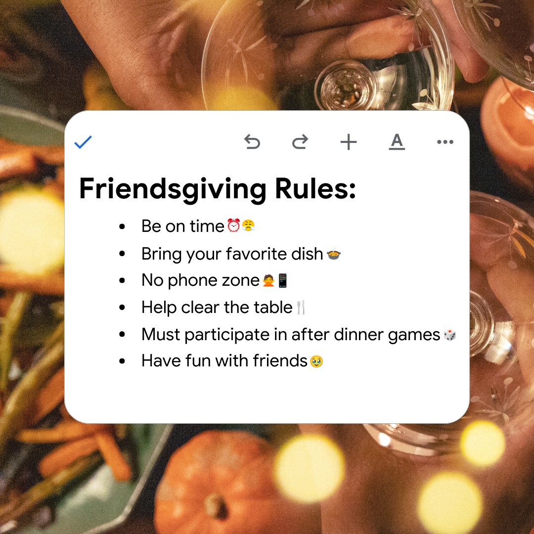 GoogleWorkspace's tweet image. Behind every perfectly-executed Friendsgiving gathering is a Type A friend with a well-outlined #GoogleDoc 🦃🫶 → goo.gle/3Q66fmm