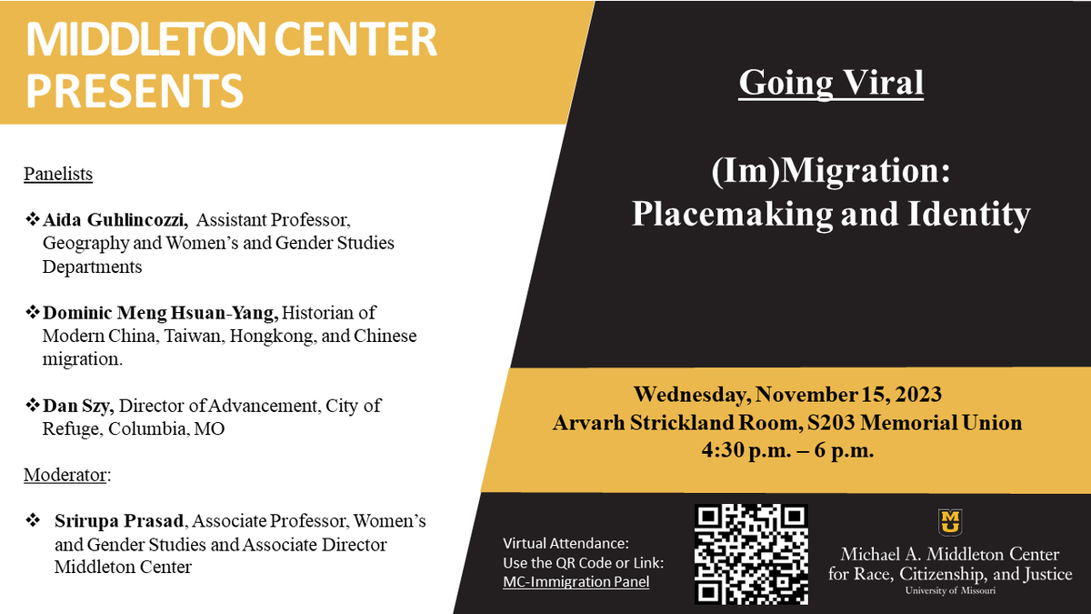"(Im)Migration: Placemaking and Identity" - Please join the Middleton Center as our panelists discuss the historical and contemporary moment of people due to trade and commerce, pilgrimages, natural disasters, war, and a host of other causes.