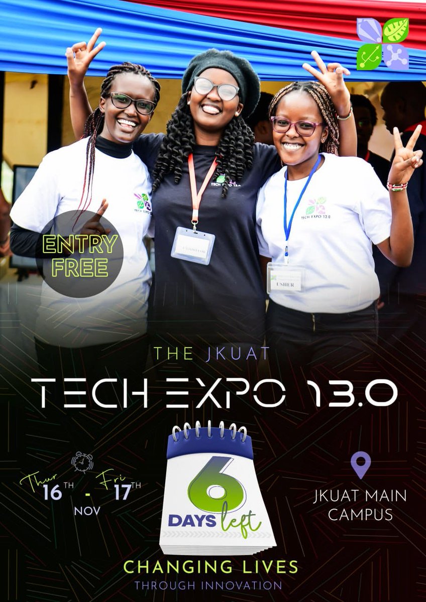 6 days to go!!!
The JKUAT Tech Expo offers a unique platform for students to showcase their latest innovations, creativity &amp; breakthroughs in tech to big brands in Kenya and beyond.
We look forward to having you. #JKUATTechExpo13
Tag a friend to tag a friend.
Mark your calendars.