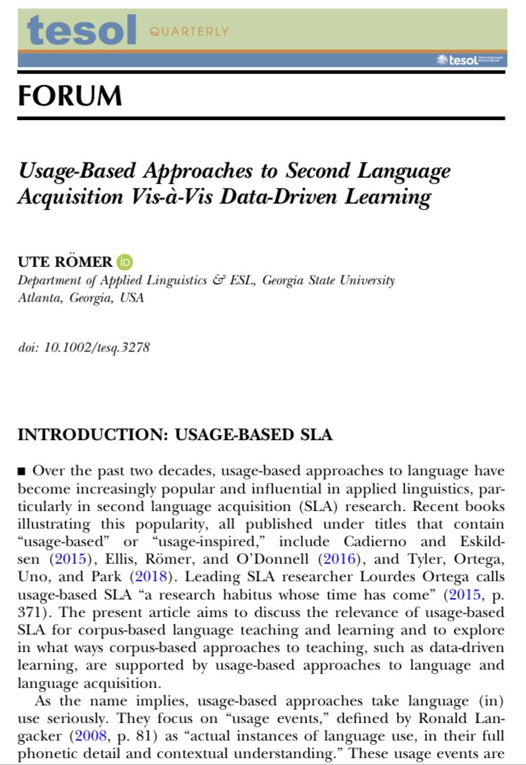 uroemer's tweet photo. This piece was harder to write than I first thought but I’m glad I accepted the TQ Special Issue editors’ invitation to explore whether/why data-driven learning #DDL makes sense from a usage-based #SLA perspective. 

Here’s a link to the online version:
https://t.co/852HM12qtl https://t.co/E7a7ppVa8C