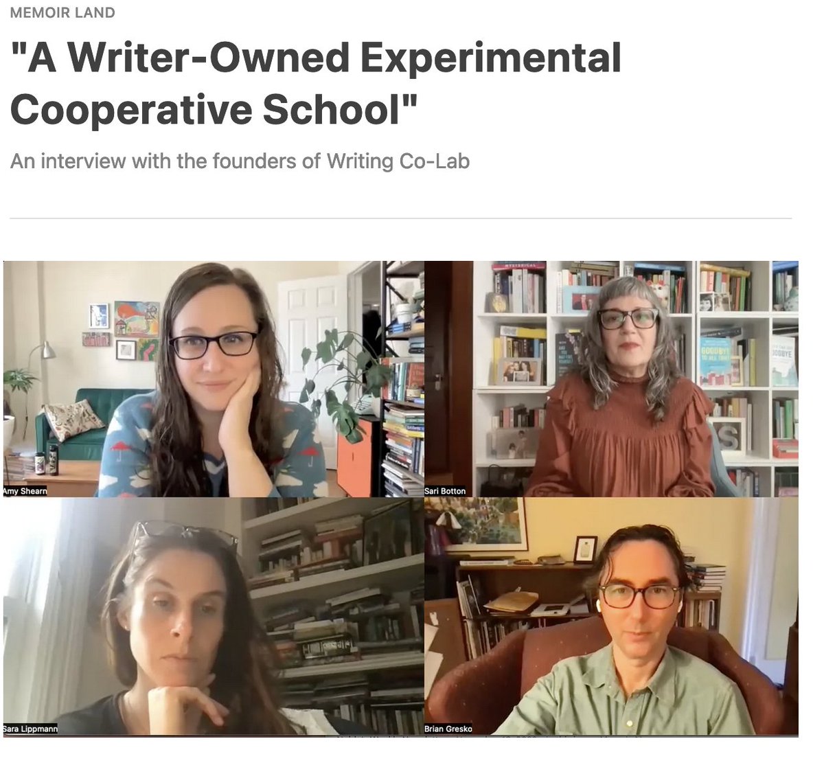 Today in The Lit Lab, an interview with the founders of @WritingCoLab, an experimental, cooperative writing school founded by @amyshearn, @briangresko, and @saralippmann. memoirland.substack.com/p/a-writer-own…