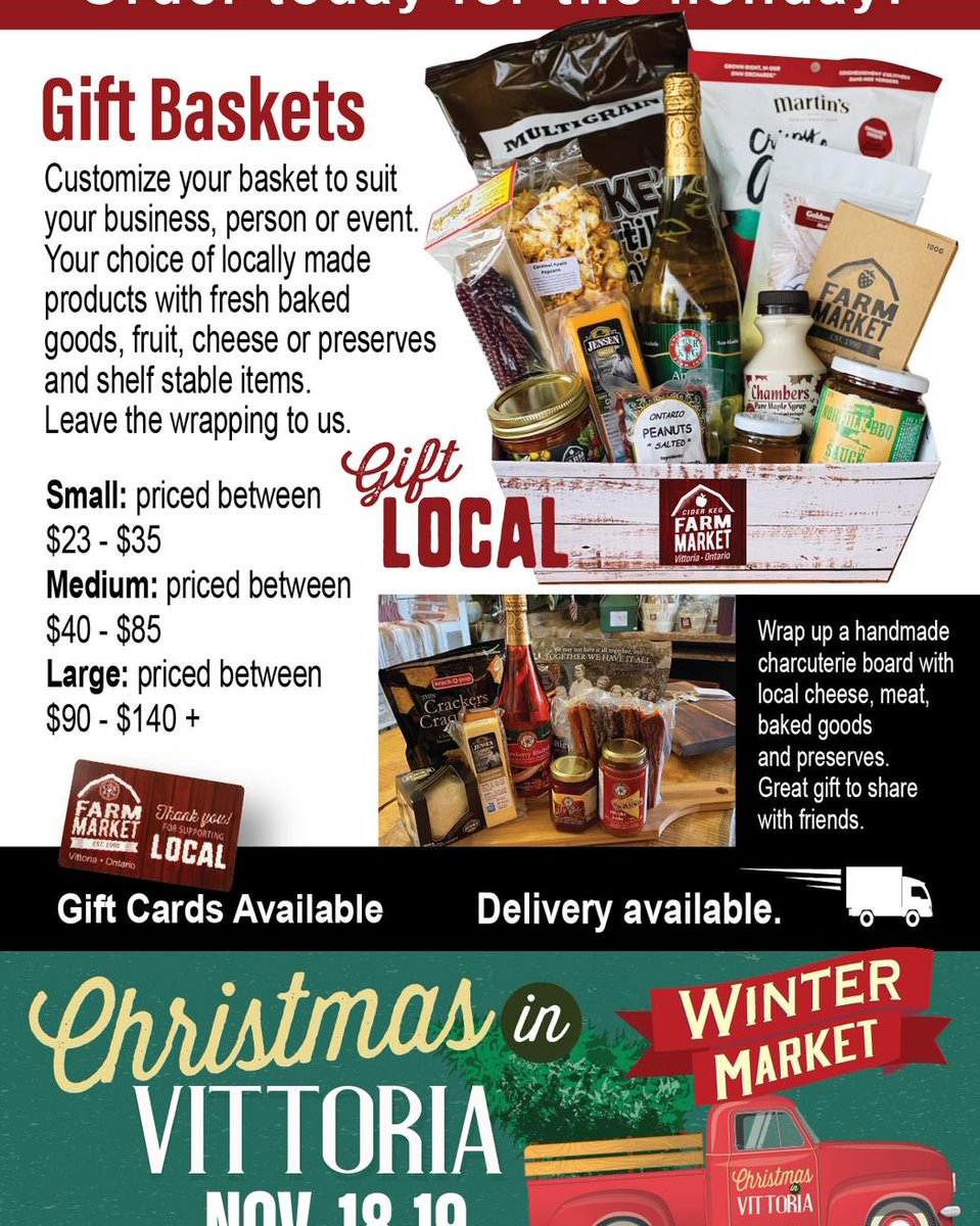 Gift Local this #HolidaySeason! 🎁 We deliver in #NorfolkCounty! 🚚Surprise your staff, clients, friends, loved ones! 🎄 Custom #giftbaskets available 👉Buy online: checkout.square.site/merchant/3V3RA… #shoplocal #shopsmall @VittoriaOnt @OntSouthwest @toastthecoastca @NorfolkTour