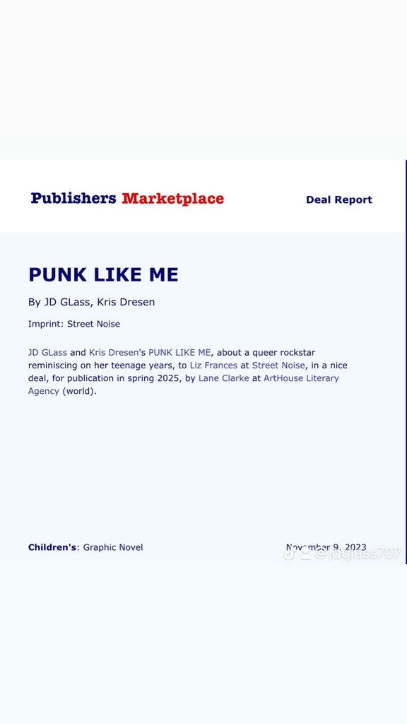JDGlass's tweet image. @krisdresendraws &amp;amp; I are thrilled to announce that the graphic novel of Punk Like Me will release just in May of 2025 with @streetnoisebooks thanks to the amazing @lanewriteswords #punklikeme #lgbtq #comics #graphicnovel