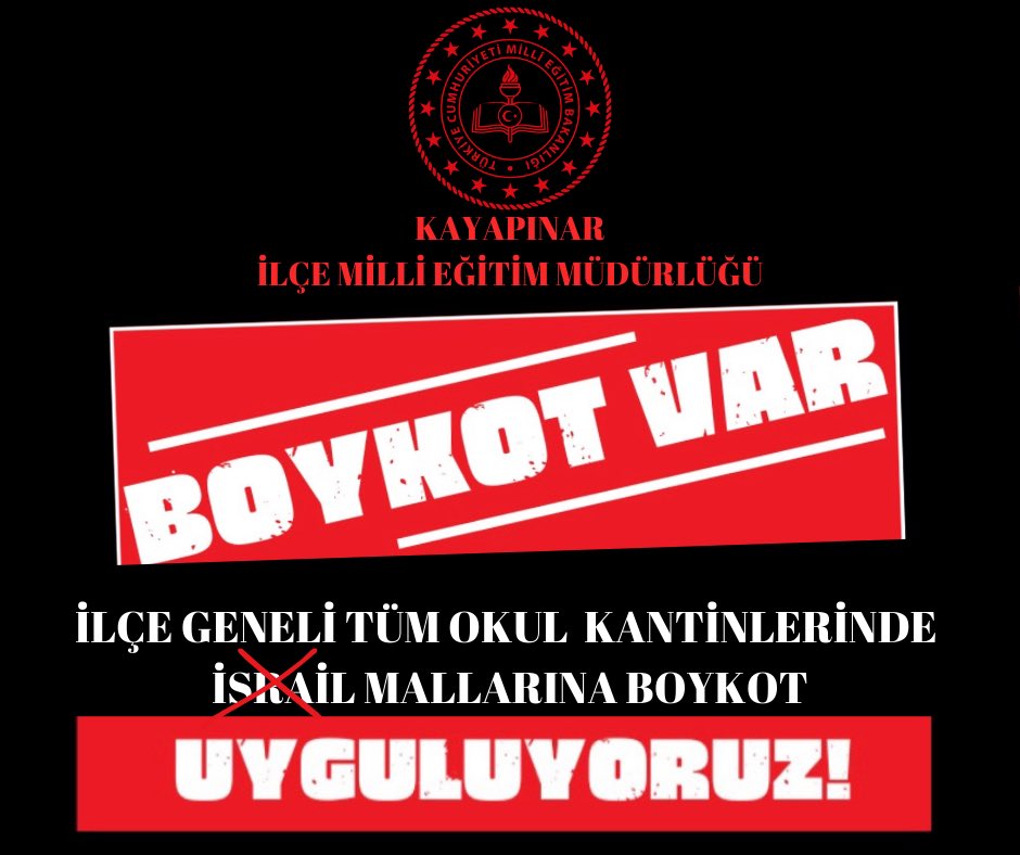 Kayapınar İlçe Milli Eğitim Müdürlüğümüzün ilçe genelindeki tüm okul ve kantinlerde İsrail menşeili ürünlere boykot çağrısına destek veriyoruz.
<a href="/Diyarbakirmem/">Diyarbakır İl Millî Eğitim Müdürlüğü</a>