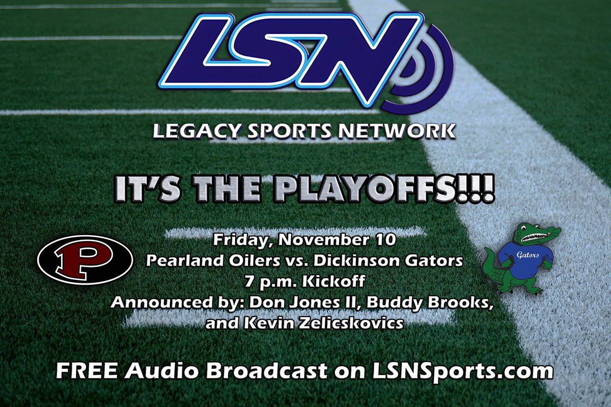 FREE audio broadcast tonight. <a href="/DickinsonFB/">DHSGatorFB</a> vs <a href="/PearlandOilers/">Pearland Football</a> Bi-District 6A Region III Division I. Our great team of <a href="/ClutchC/">Don Jones II</a> <a href="/buddy_brooks/">Buddy Brooks</a> and <a href="/KevinZelics/">Kevin Zelicskovics</a> will have the call. Listen on LSNSports.com. #txhsfb