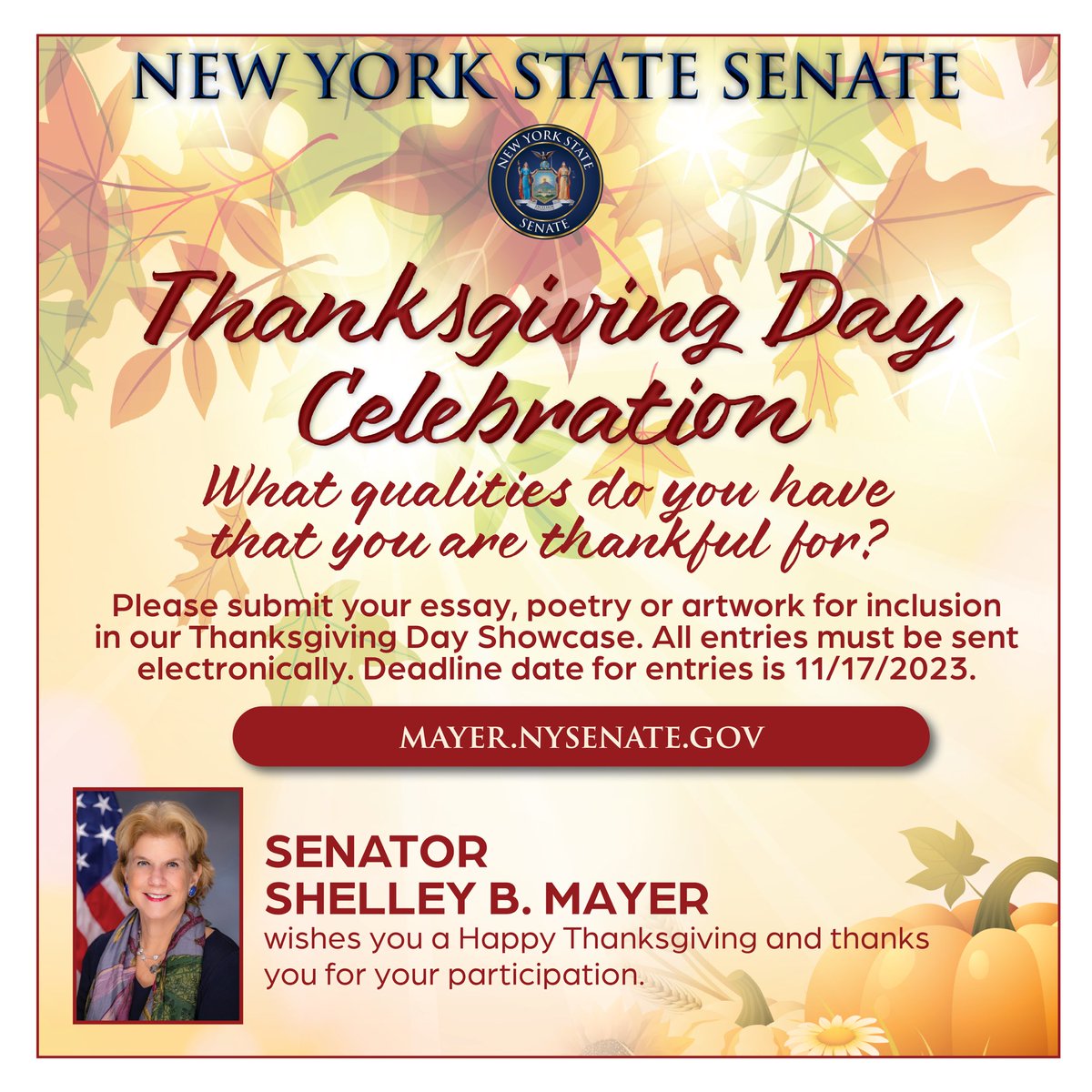What are you thankful for this year? If you would like to participate in the NYS Senate Thanksgiving Showcase, please submit your essay, poetry or artwork electronically to mayer.senate.gov by November 17, 2023.
