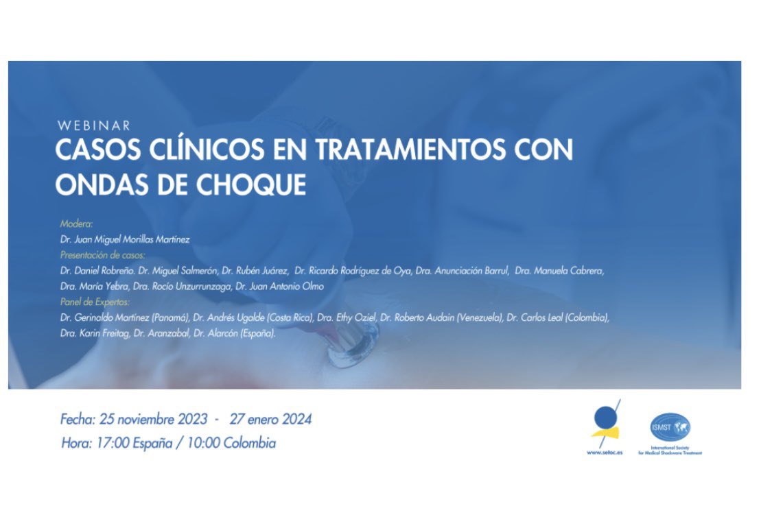 👩‍💻 ᗯeᗷiᑎᗩᖇ SETOC:
CASOS CLINICOS EN TRATAMIENTOS CON #ONDASDECHOQUE 
🔜 25 NOVIEMBRE 2023 
🖊️ inscripcion GRATUITA para socios SETOC, ISMST, Sociedades Hispanoamericas de ondas e inscritos en Curso Certificacion 2023 o Jornadas Granada 2023.
💻 setoc.es