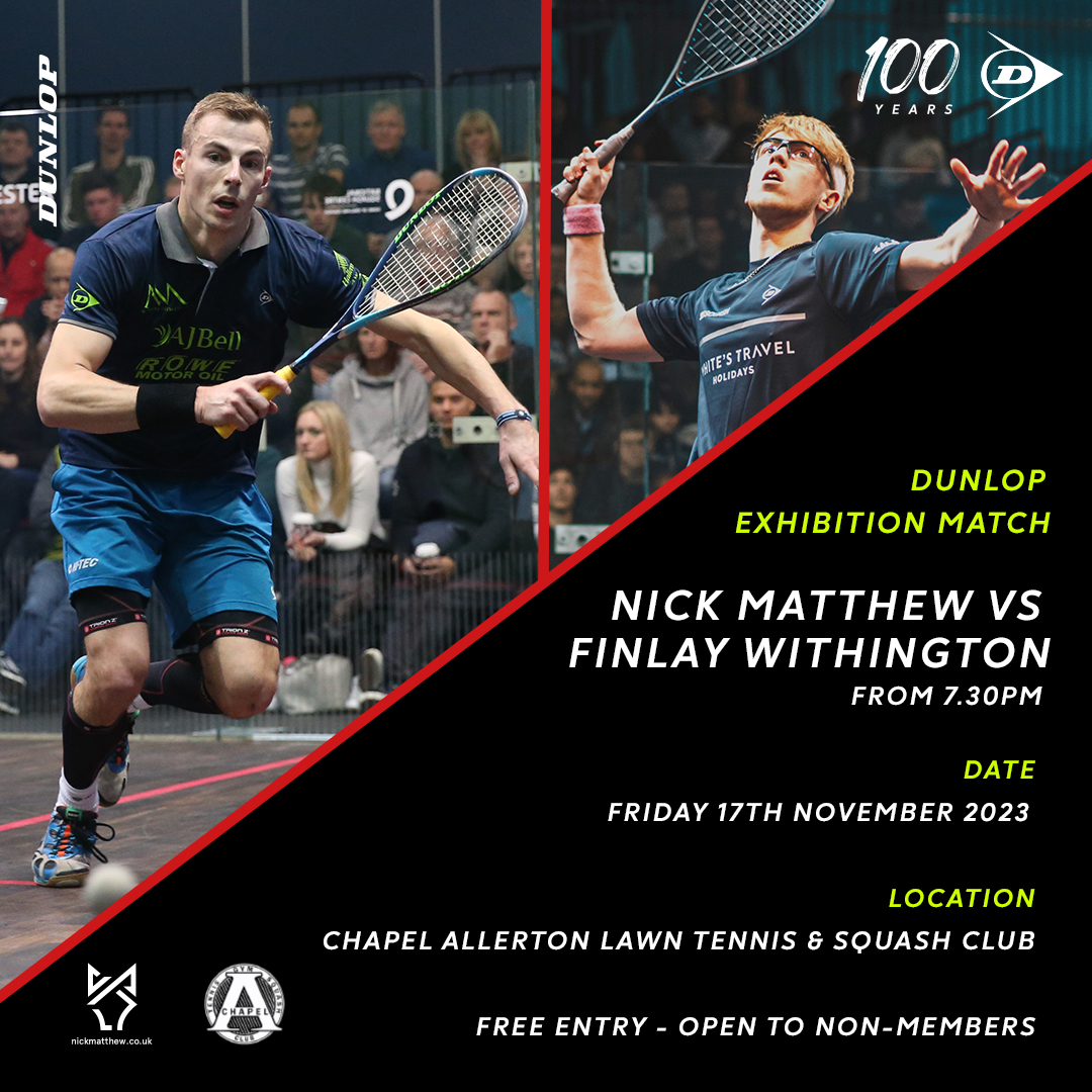 Join us next week for the Nick Matthew Masterclass, with masterclasses followed by an Exhibition Match between Nick Matthew and Finlay Withington at 7:30pm

Friday 17th November

Free for members and visitors to watch

#caltsc #chapelaclub #chapelallerton #squash #exhibition