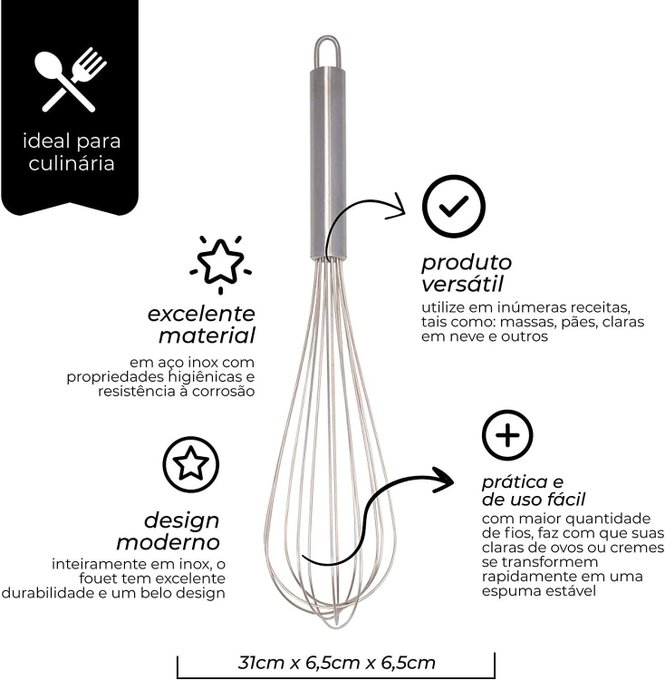 Mimo Style Batedor de Ovos e Massas Fouet, Inteiramente em Aço Inoxidável, Excelente Durabilidade e Belo Design, Útil Para Diversas Receitas Como Massas de Bolo, Tortas, Pães, Cremes, Claras em Neve