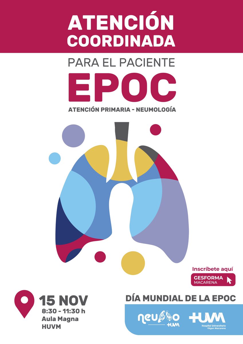 neumo_macarena's tweet photo. El próximo 15 de noviembre coincidiendo con el #Día_mundial_EPOC celebramos una jornada de “Atención Coordinada para el paciente EPOC” entre Atención Primaria y Neumología. Los profesionales del Área Sanitaria @HUVMacarena pueden inscribirse a través de GESFORMA (enlace_cartel). https://t.co/QRbrm8oQRL