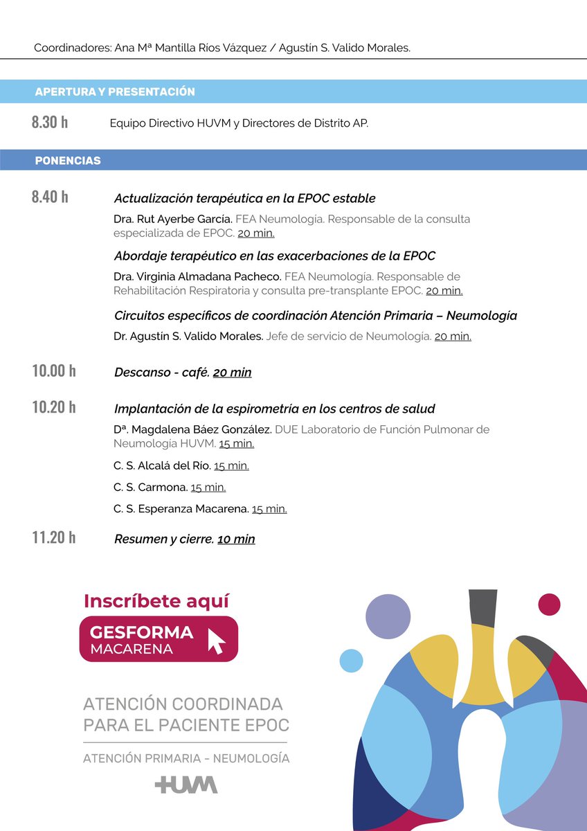 neumo_macarena's tweet photo. El próximo 15 de noviembre coincidiendo con el #Día_mundial_EPOC celebramos una jornada de “Atención Coordinada para el paciente EPOC” entre Atención Primaria y Neumología. Los profesionales del Área Sanitaria @HUVMacarena pueden inscribirse a través de GESFORMA (enlace_cartel). https://t.co/QRbrm8oQRL