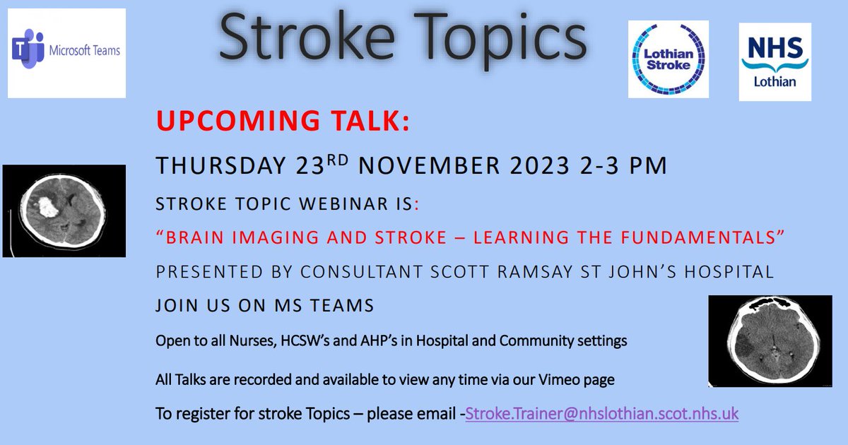 Thomas Jones (@tom75strokeed) on Twitter photo Final Stroke Topic of 2023 and it should be a good one.
To join or receive updates on future topics drop me an email at stroke.trainer@nhslothian.scot.nhs.uk Final Stroke Topic of 2023 and it should be a good one.
To join or receive updates on future topics drop me an email at stroke.trainer@nhslothian.scot.nhs.uk