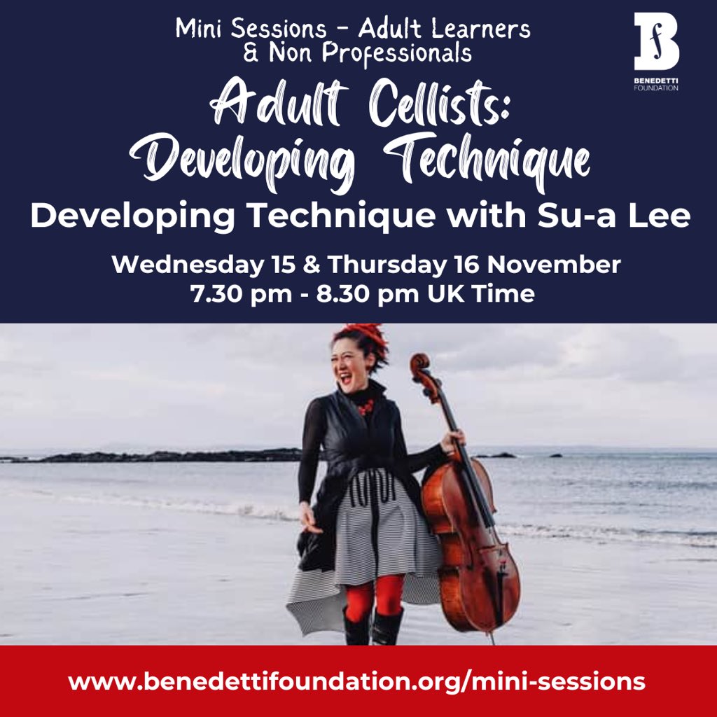 Calling adult cellists! Join @sualeecello next week as we spend 2 sessions online developing the fundamentals of cello technique, focusing on left & right-hand basics. Most suitable for those working at Beginner & Intermediate level, but all welcome. benedettifoundation.org/mini-sessions-…