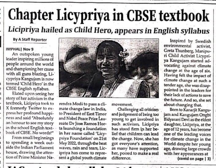 An outspoken young leader inspiring millions of people around the world and championing her cause with all guns blazing, Licypriya Kangujam is now termed ‘Child Hero’ in the CBSE English syllabus.#MeiteiHaiToVikasHai #SaveManipur #SaveMeitei #SaveMeiteiSaveManipur #ThisIsManipur