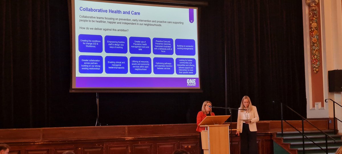 thevoltmeter's tweet photo. The stunning ballroom at Stockport Town Hall is the venue for our @OneStockport #Neighbourhooods and #Prevention workshop. Philippa Johnson and Sarah Dillon talking about an integrated leadership and collaboration in our Neighbourhood teams https://t.co/eOGGocZnwO