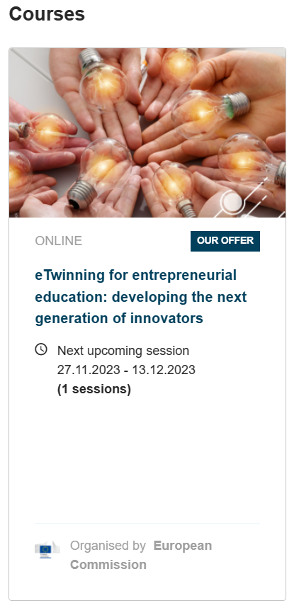 Hazır Olun !
ESEP eTwinning de Yeni Kursum 27 Kasımda Sizlerle, kayıt olmayı unutmayın lütfen Belirli katılımcı sayısı var. Tüm Avrupa  ülkelerine açık ve eTwinning proje otağı  bulmak için içinde önemli ve yepyeni bir konu
Link: school-education.ec.europa.eu/.../etwinning...
EU  /ESEP <a href="/tretwinning/">eTwinning Türkiye</a>