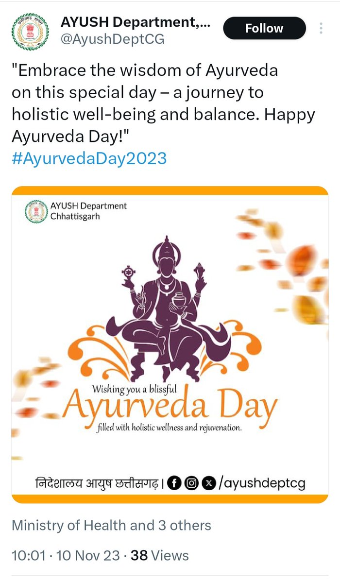 DrNayak95's tweet photo. 👇evidence of discrimination towards #Ayurveda,On 8th National #AyurvedaDay many state govts,@narendramodi post regarding this day, HFW deptnever did a single post on Ayurveda. @CMO_Odisha 

Is Ayuveda coming under @HFWOdisha  ?

That's why we need separate AYUSH Dept in #Odisha https://t.co/F8W1AuYVZE